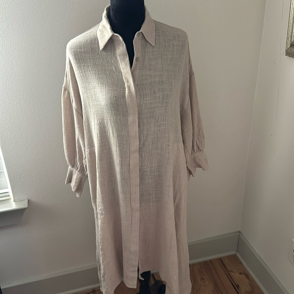Veux Etre cotton gauze blend natural buttoned down shirt dress Sz S - Picture 2 of 9